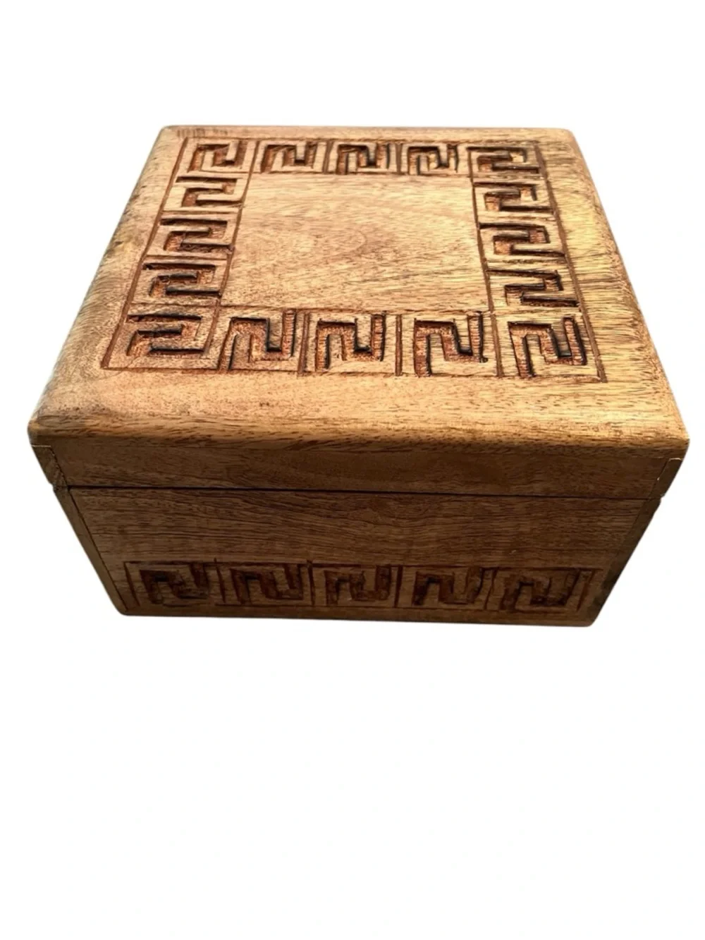 Hand-Carved Mango Wood Storage Box with Meander (Greek Key) pattern